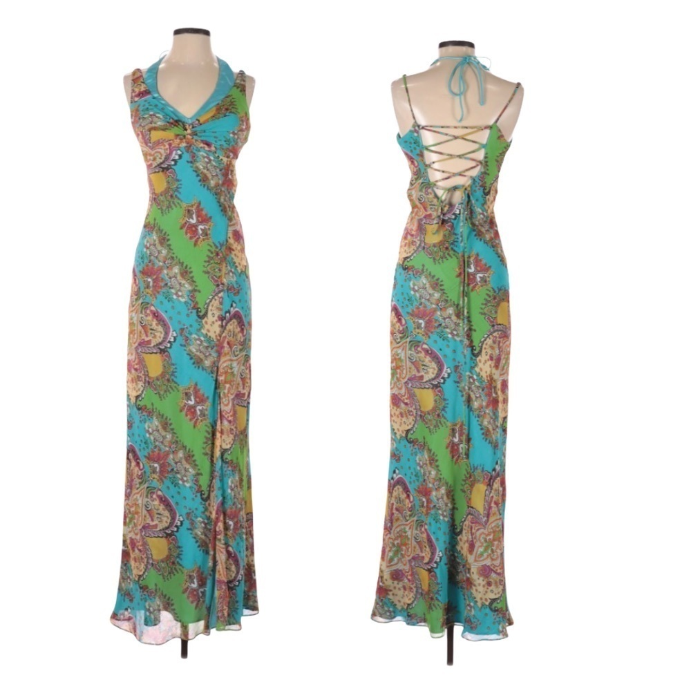 Boho Turquoise & Green Paisley Lace-Up Maxi Dress